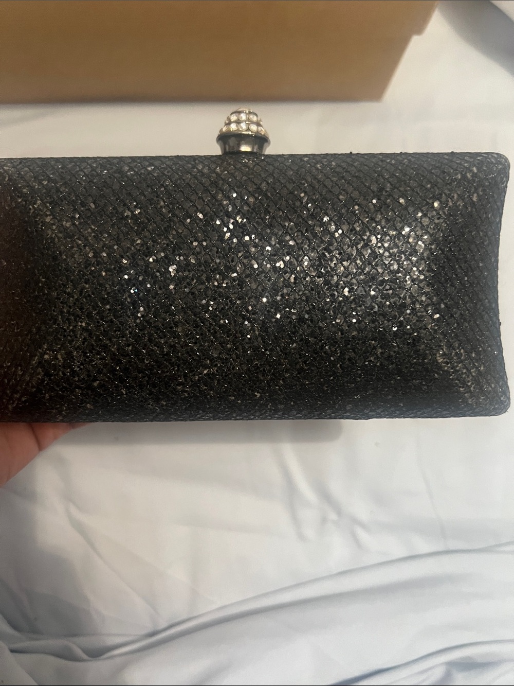 Sparkle Textured Black Evening Clutch with Jeweled Closure